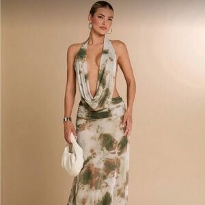 Green Tie-Dye Backless Maxi Dress